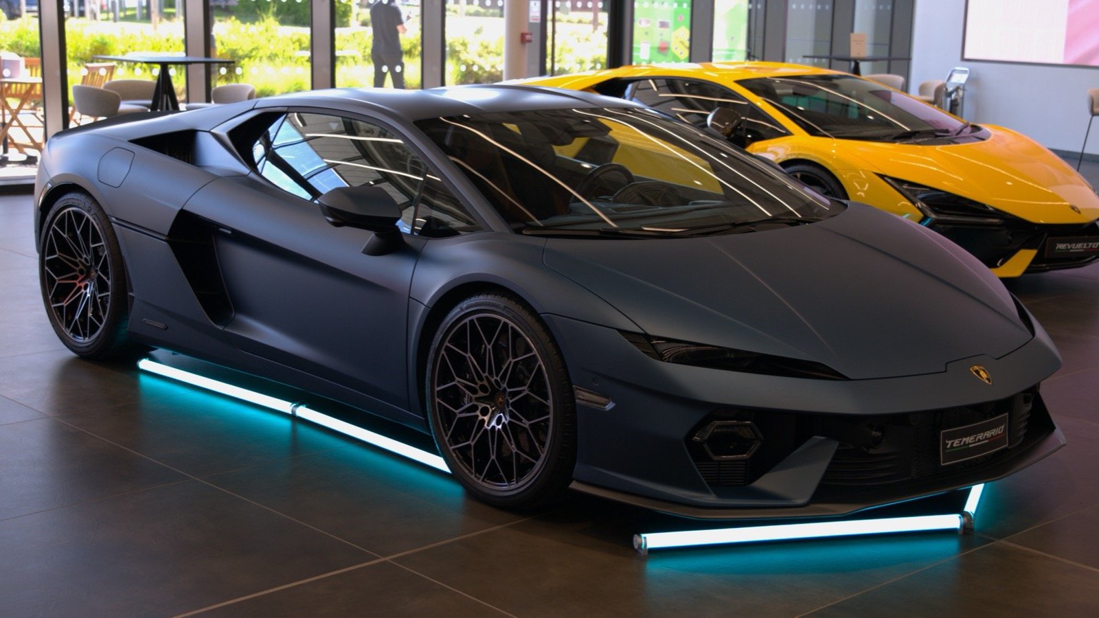 Lamborghini Temerario in a matte dark finish, front three-quarter view