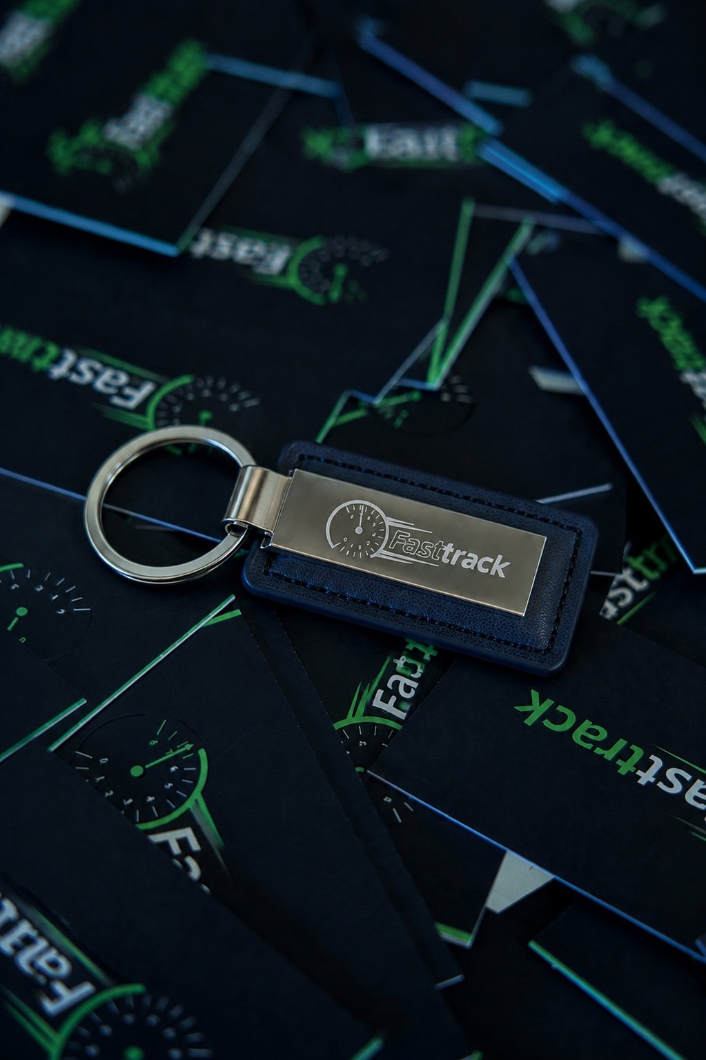FastTrack laser-engraved leather keychain